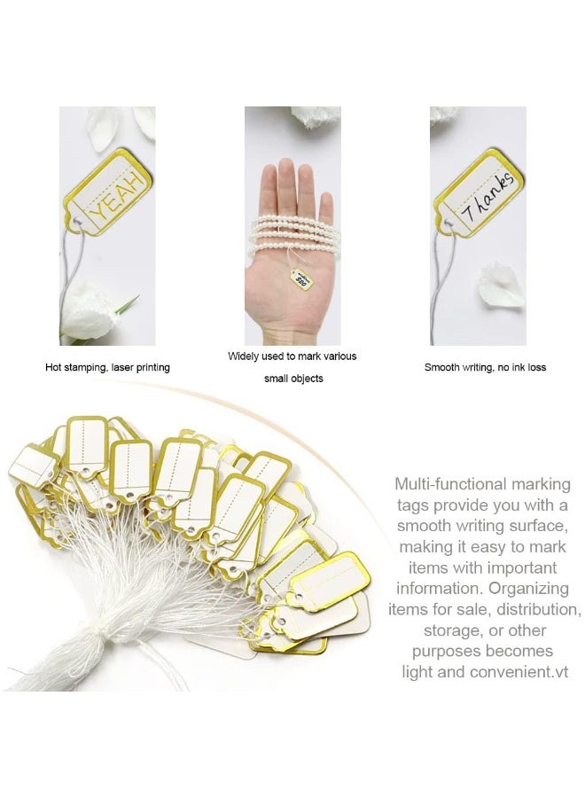 Peachjoy 500 قطعة من بطاقات أسعار المجوهرات مع خيط متصل، ملصقات أسعار ورقية، بطاقات عرض الملابس، ملصقات قابلة للكتابة، بطاقات مع علامات متصلة بخيط مرن وعين معززة (ذهبي) - Image 2